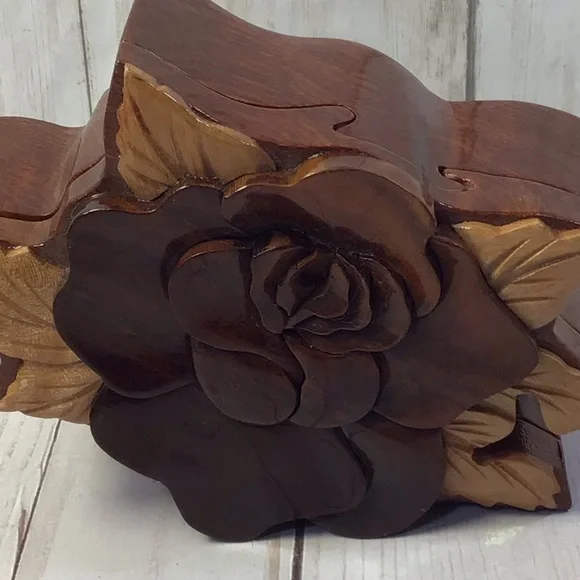 Hand Carved Multi Tone Wood Rose Puzzle Trinket Box - Picture 1 of 9